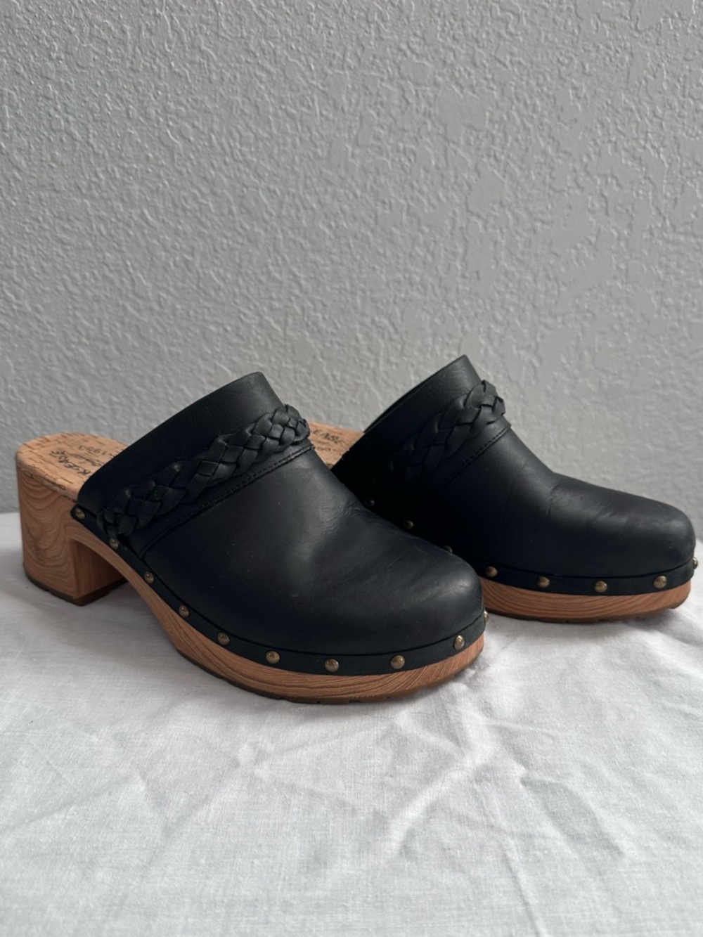 Kork-Ease Tilly Black Leather Braided Clog Mules with Wood Heel
